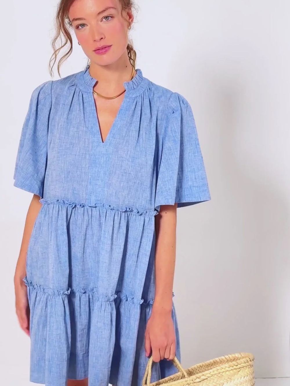 Tuckernuck Crawford Chambray Dress M Blue Cotton Linen Tiered Ruffle Preppy Mini